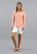 IBKUL Women's Amani Long Sleeve Zip Mock Neck Shirt - Peach/White