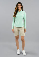 IBKUL Women's Solid Long Sleeve Zip Mock Neck Shirt - Pool Party