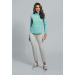 IBKUL Women's Josie Long Sleeve Zip Mock Neck Shirt - Turquoise/Lime
