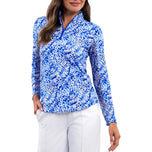 IBKUL Women's Yesenia Long Sleeve Zip Mock Neck Shirt - Blue/White